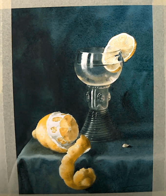 Голландский натюрморт. Бокал воды и лимон акварелью