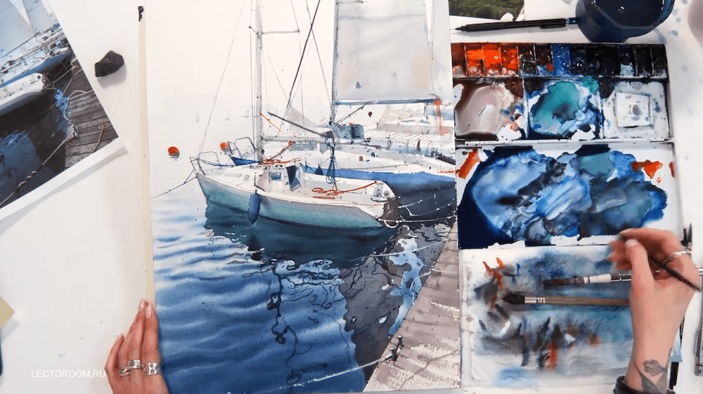 Draw sea and sails watercolor