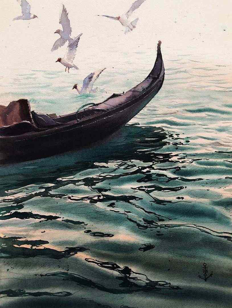 Boat on water in watercolor