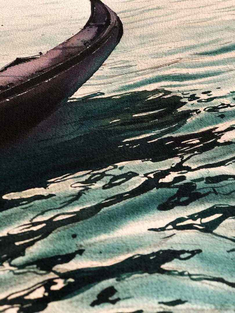 Boat on water in watercolor