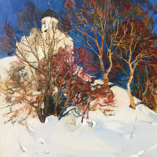 Зимний пейзаж с деревьями маслом