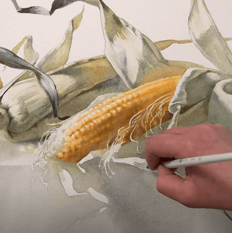 Рисуем натюрморт с кукурузой акварелью