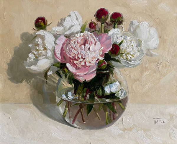 Multicoloured peonies in a round vase in oil painting 